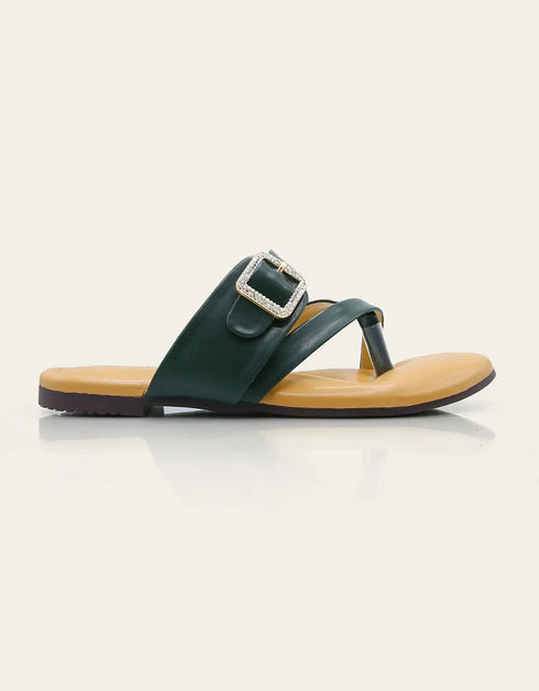 Stravia buckle flats in deep green with tan base – Essence by Rubina